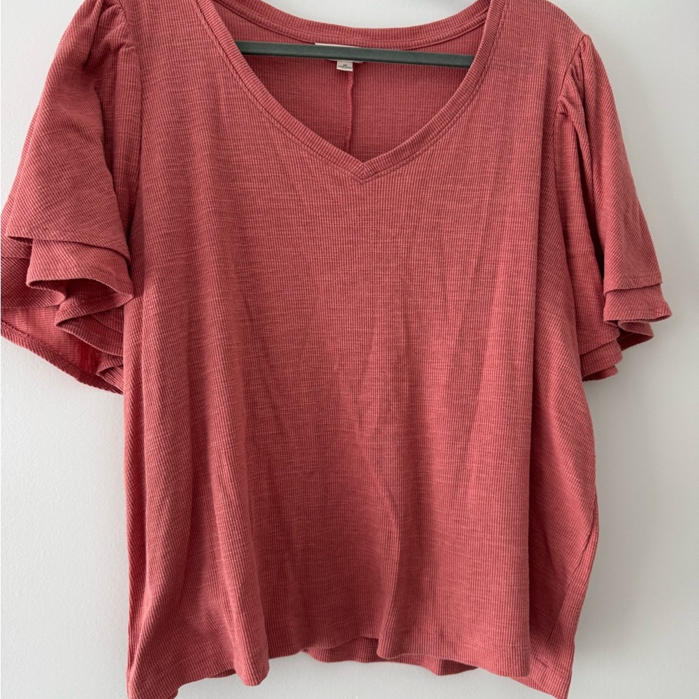 Peach Color Women's V-Neck Short Sleeve Top - 1X